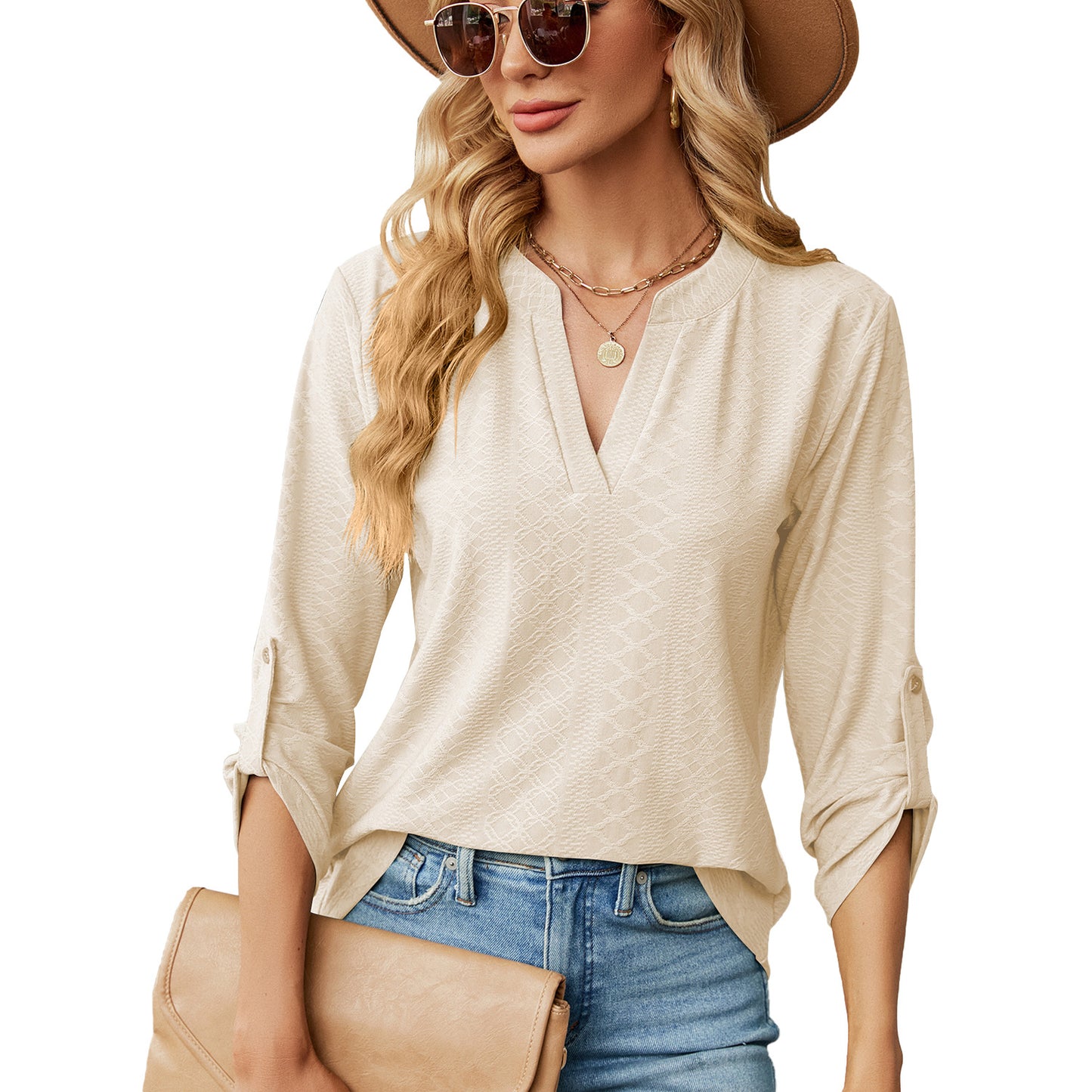 Women's V Neck 3/4 Sleeve Button Loose Fit Blouse Top