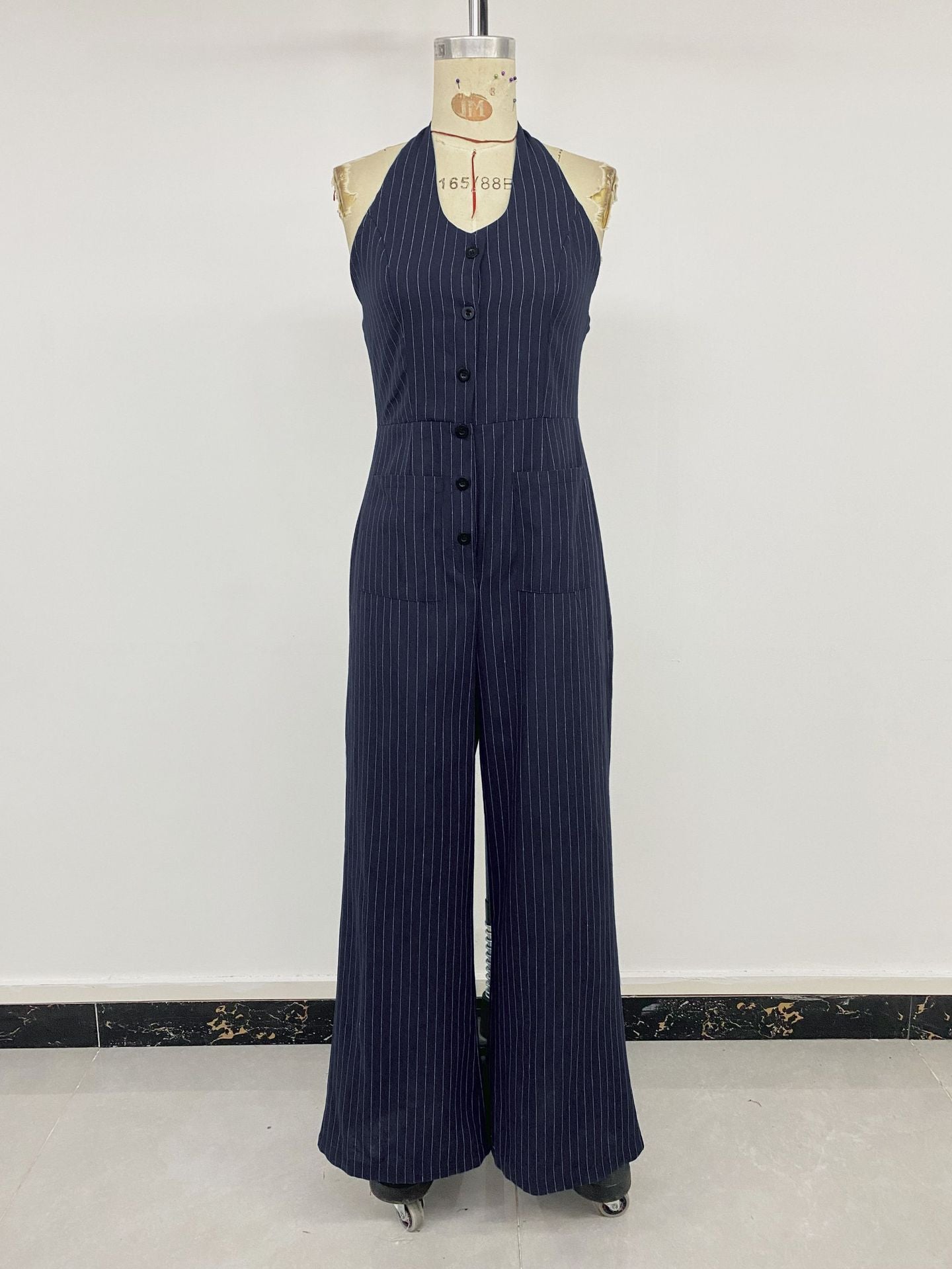 Pinstripe Woven Jumpsuit Workwear Halter Wide Leg
