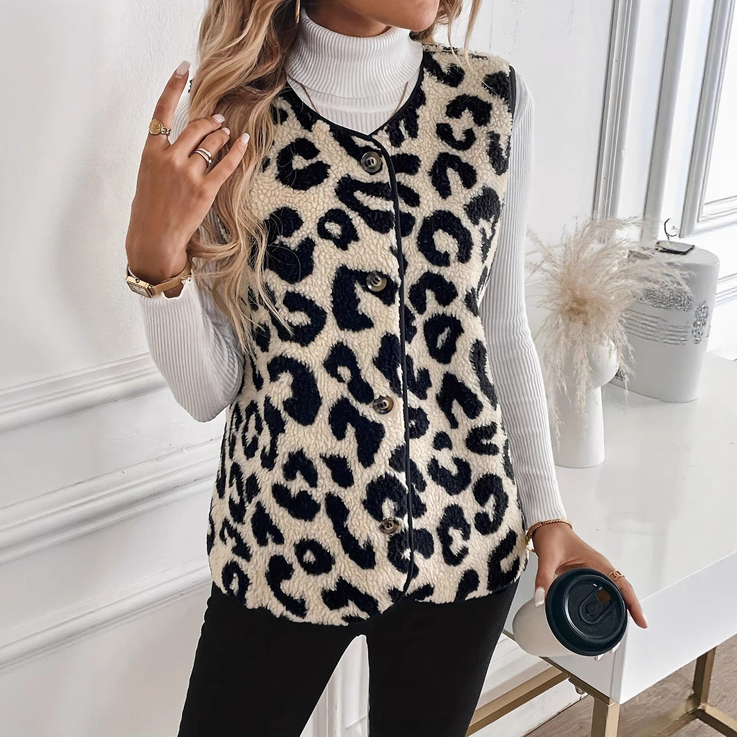 Leopard Sherpa Vest Button Front Fuzzy Layering