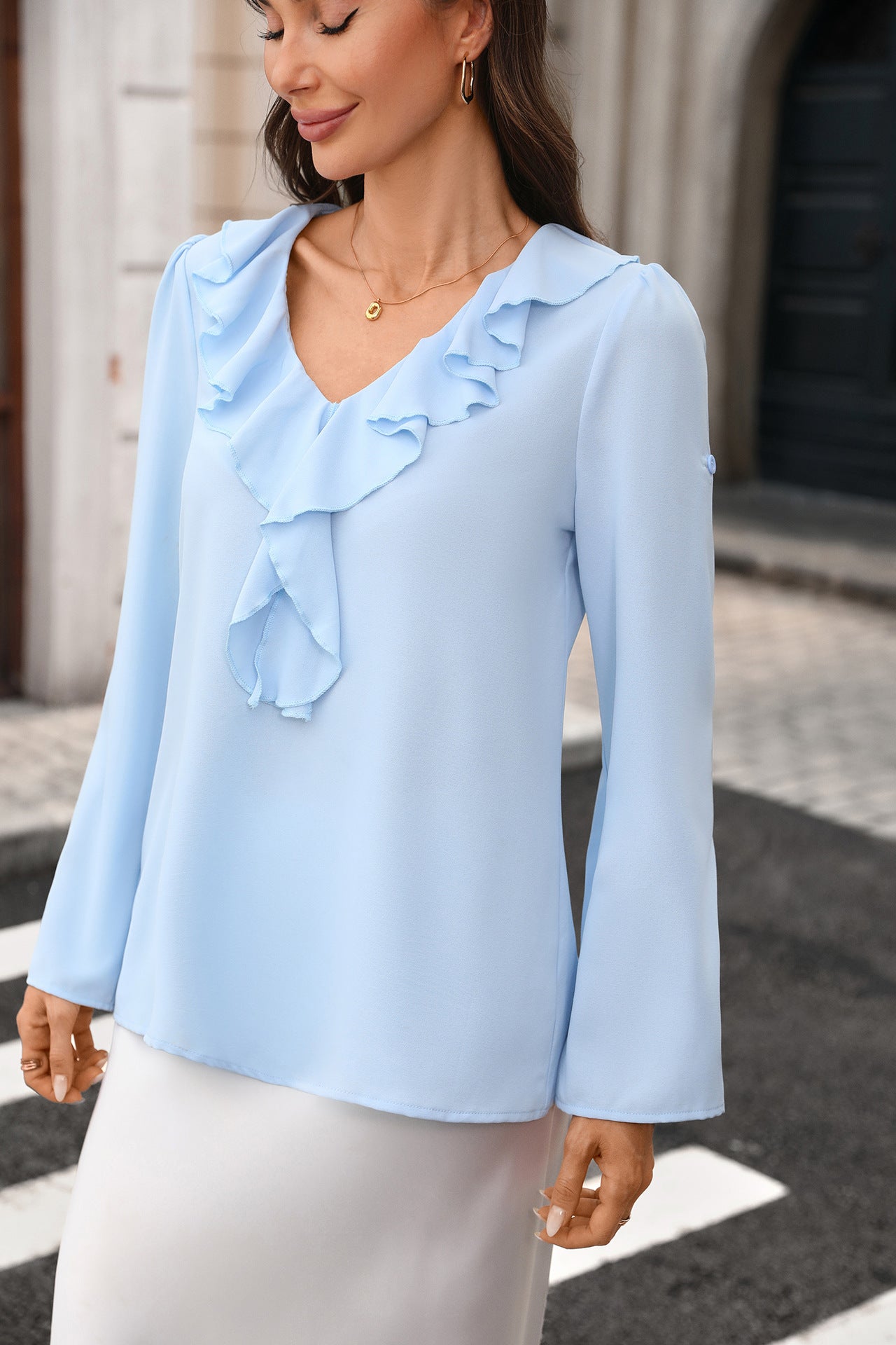 Solid Blouse Ruffle V Neck Trendy Boutique Top