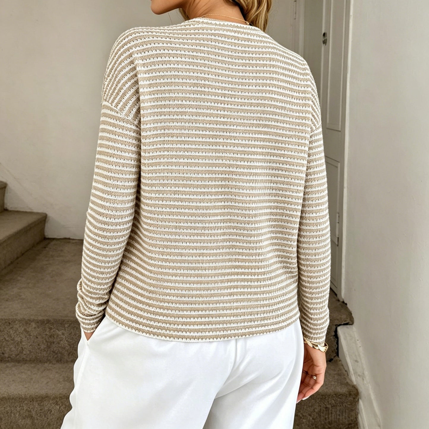 Striped Sweater Casual Textured Crewneck Pullover