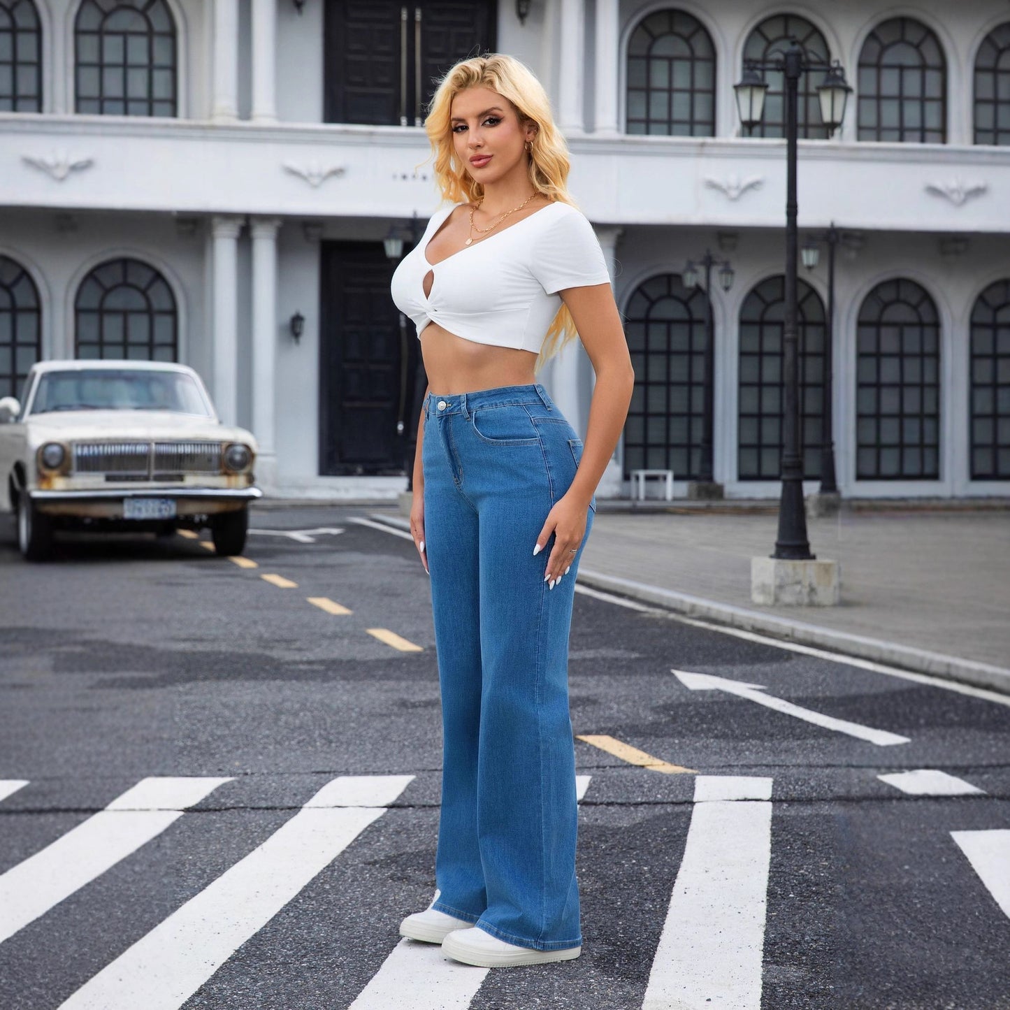 High Waist Stretch Wide Leg Straight Denim Jeans