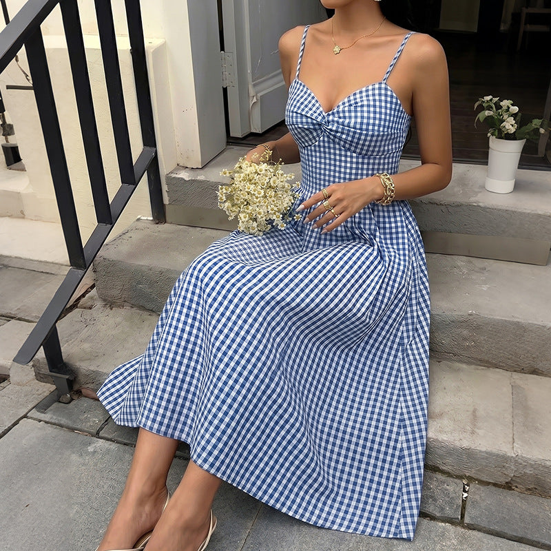 Gingham Midi Dress Cottagecore Bow Spaghetti Strap