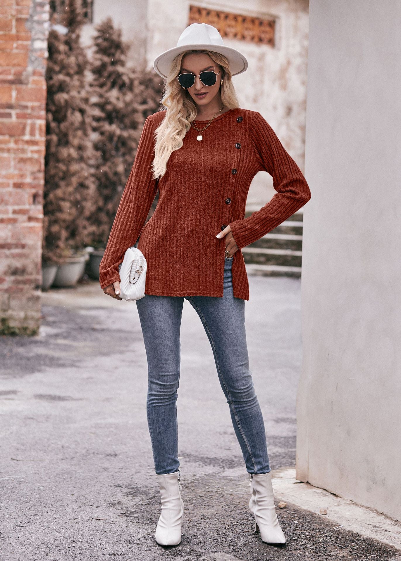 Women's Solid Color Crew Neck Slit Button