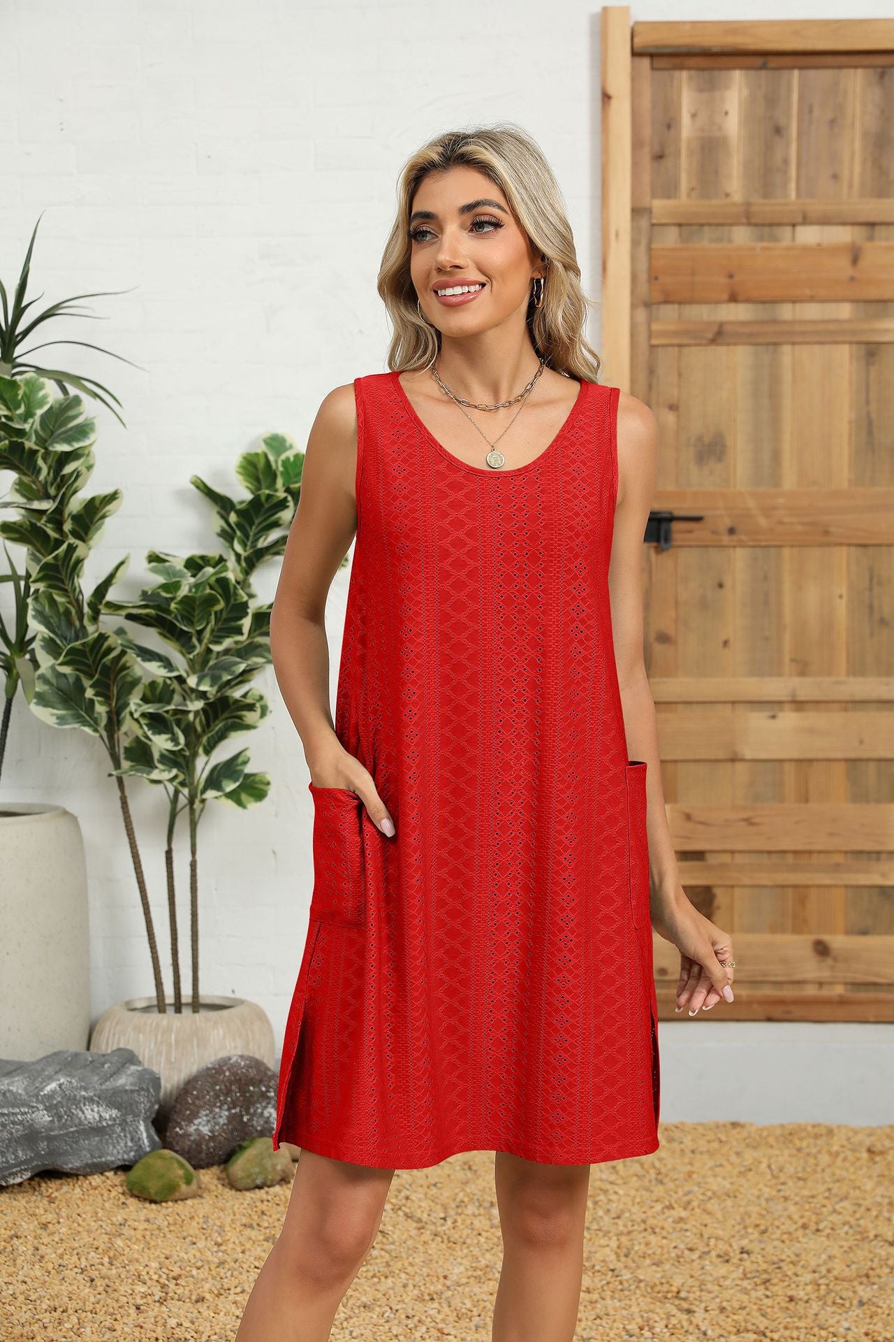 Solid Color Round Neck Tank Dress with Side Pockets