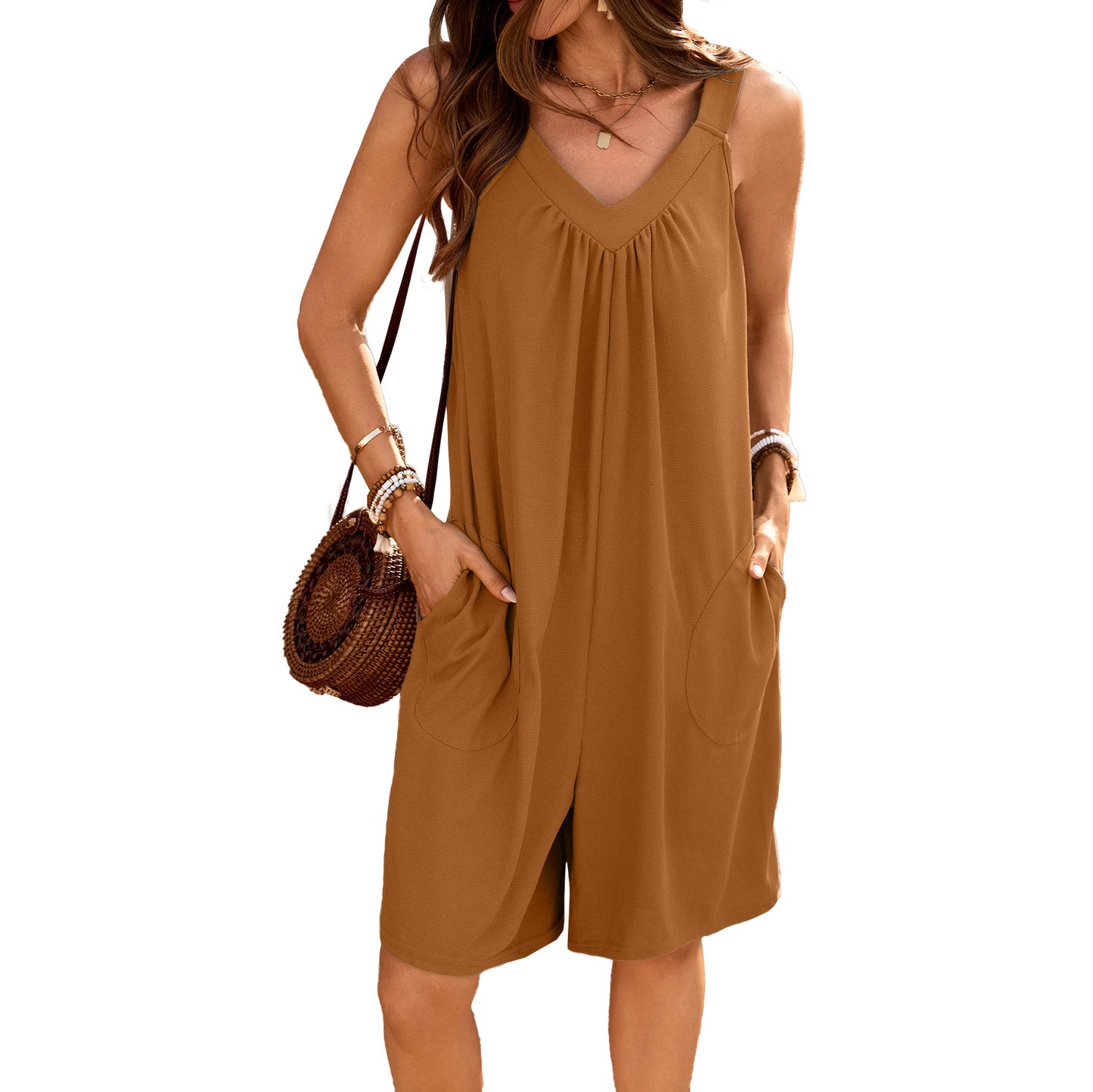 Loose Fit V-Neck Sleeveless Romper with Pockets