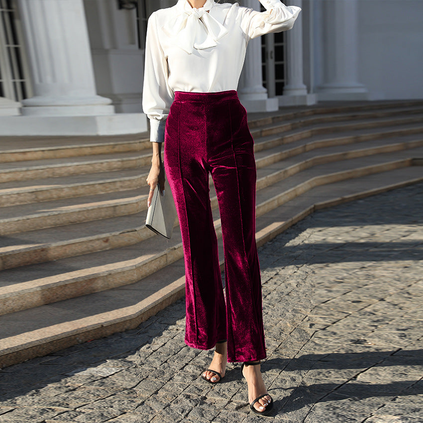 Velvet Flare Pants High Waisted Dressy Trousers