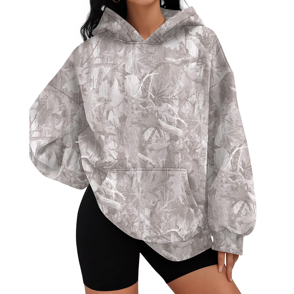 Camo Leaf Print Hoodie Women Oversized Casual Pullover