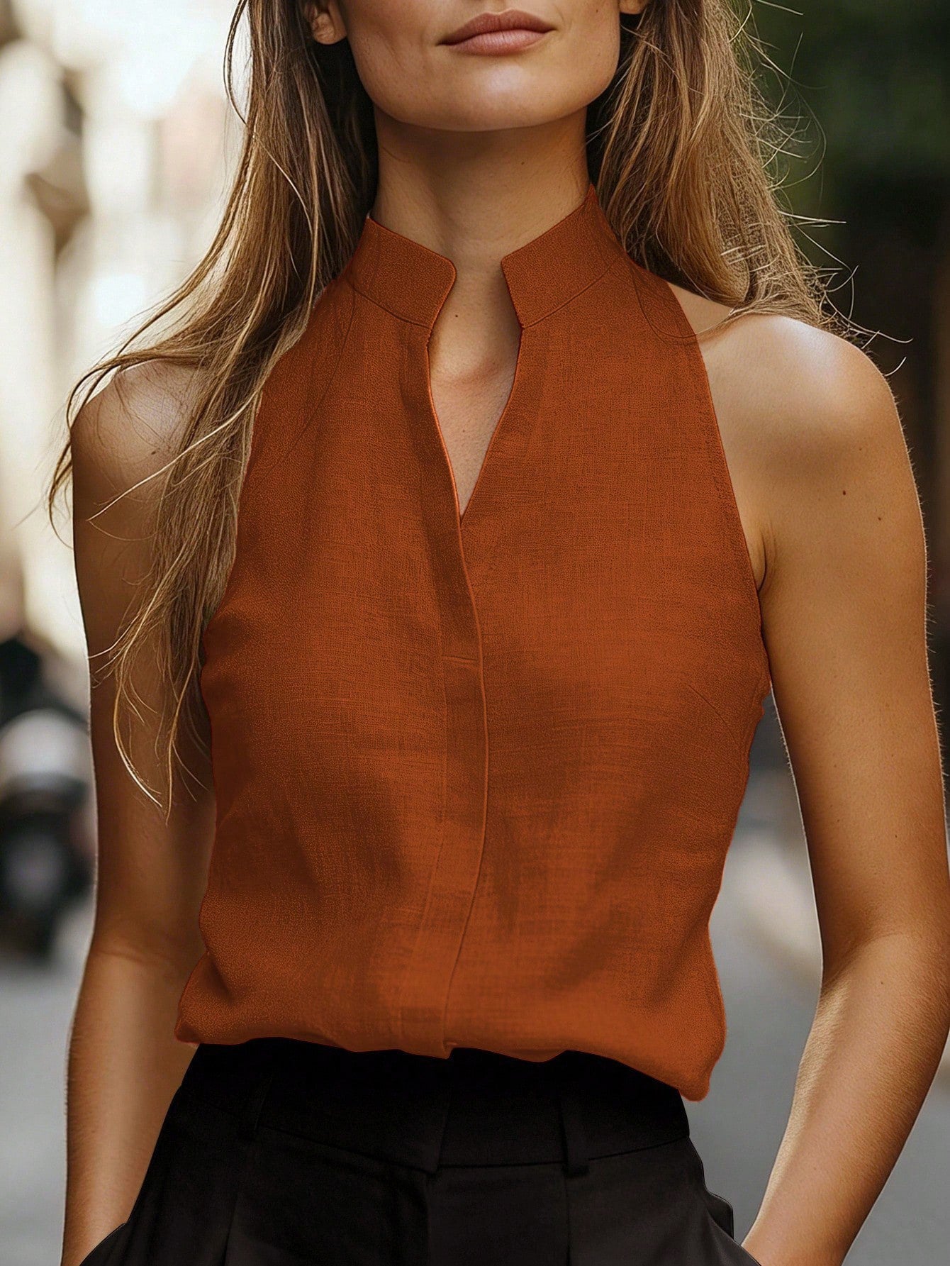 Solid Chiffon Blouse Boutique Draped V Neck Sleeveless Top