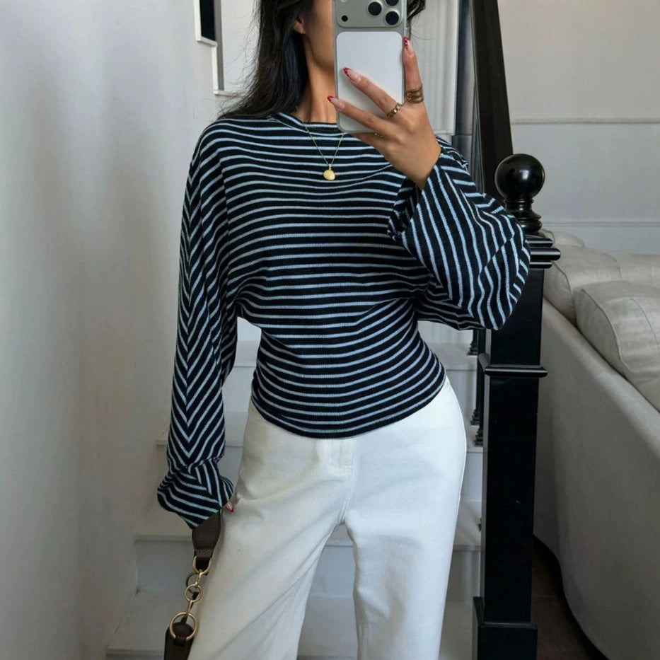 Women's Striped Batwing Waffle Knit Long Sleeve Top
