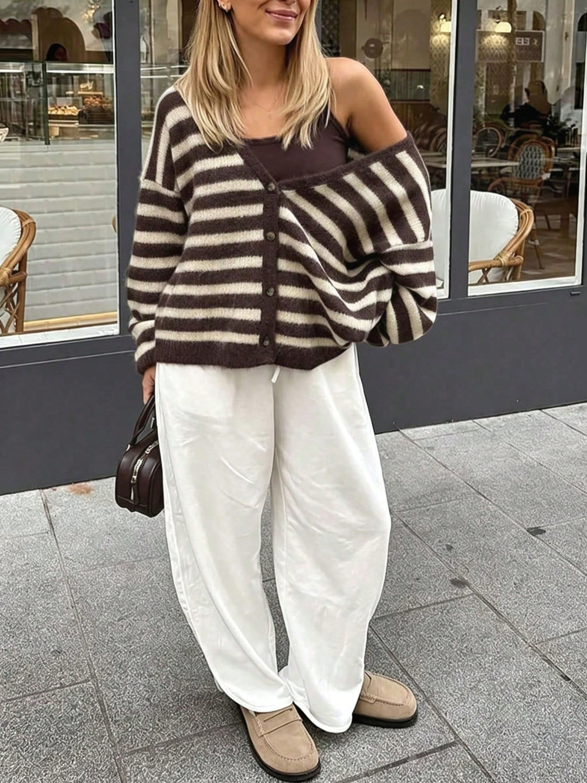 Women's Striped V-Neck Button Front Cardigan