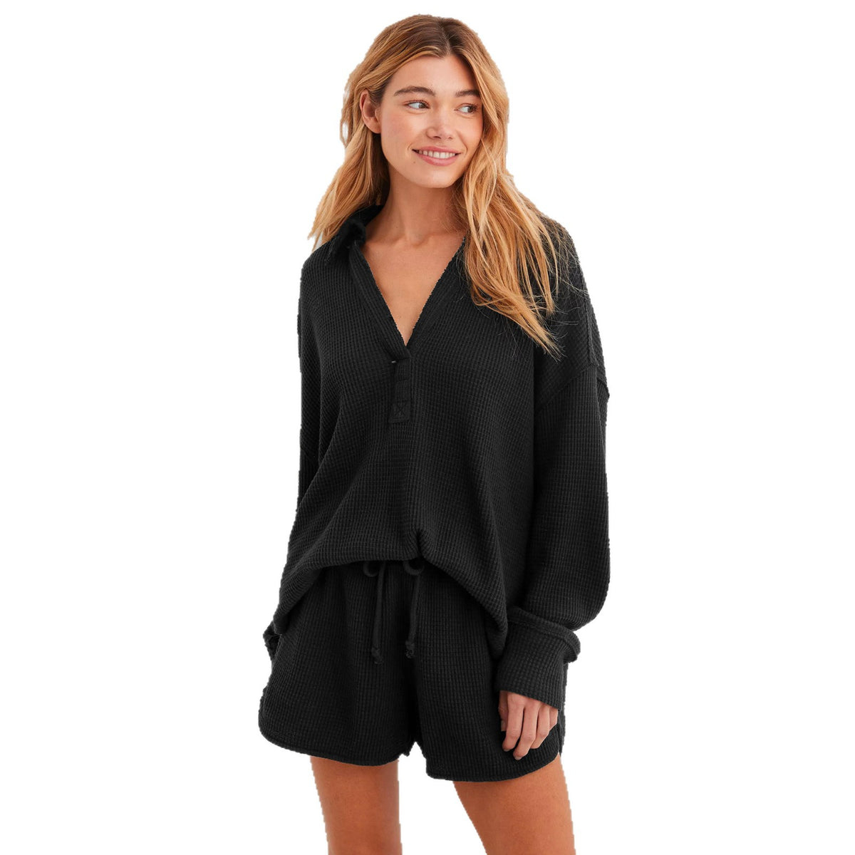 Oversized Waffle Knit Polo Collar Long Sleeve Sweater