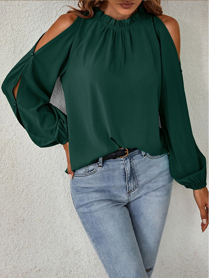 Women’s Ruffle Mock Neck Cold Shoulder Long Sleeve Blouse
