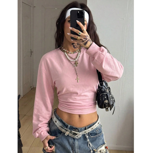 Solid Knit Crop Top Trendy Ruched Long Sleeve Slim Fit