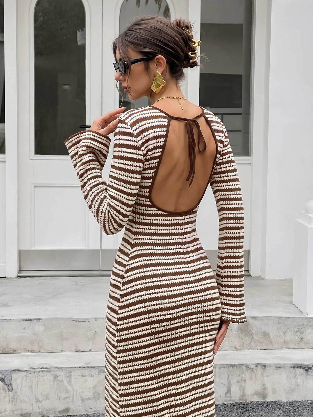 Women's Striped Knit Bodycon Dress Open Back Flare Sleeve