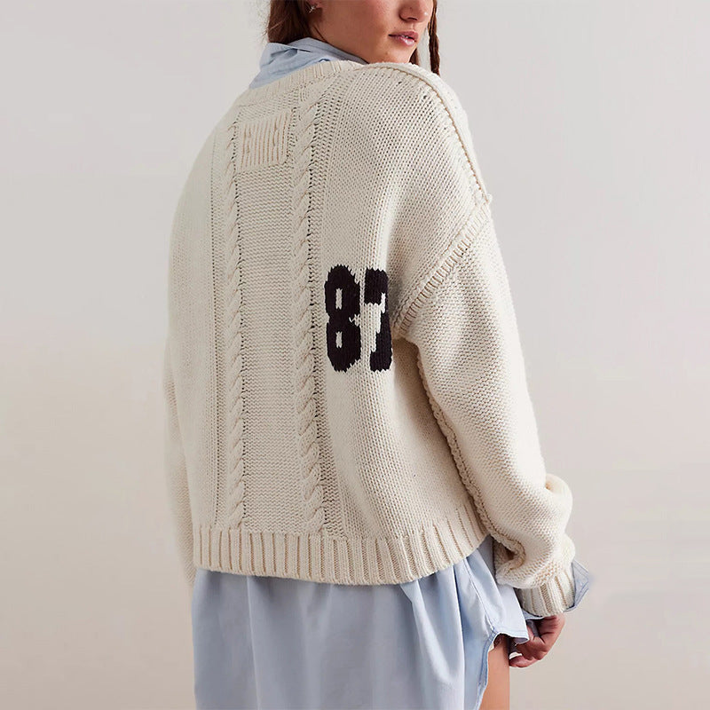Casual Colorblock Knit Sweater with Number Print