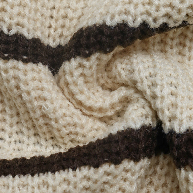 Striped Polo Knit Sweater Relaxed Fit Long Sleeve Pullover
