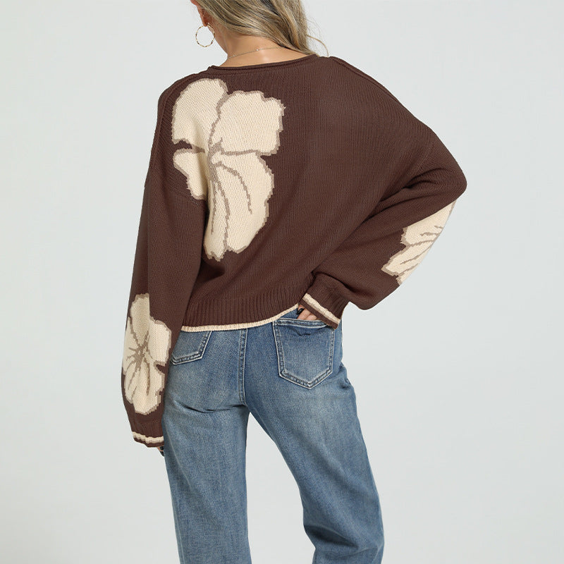 Women's Colorblock Floral Button V-Neck Cardigan Sweater