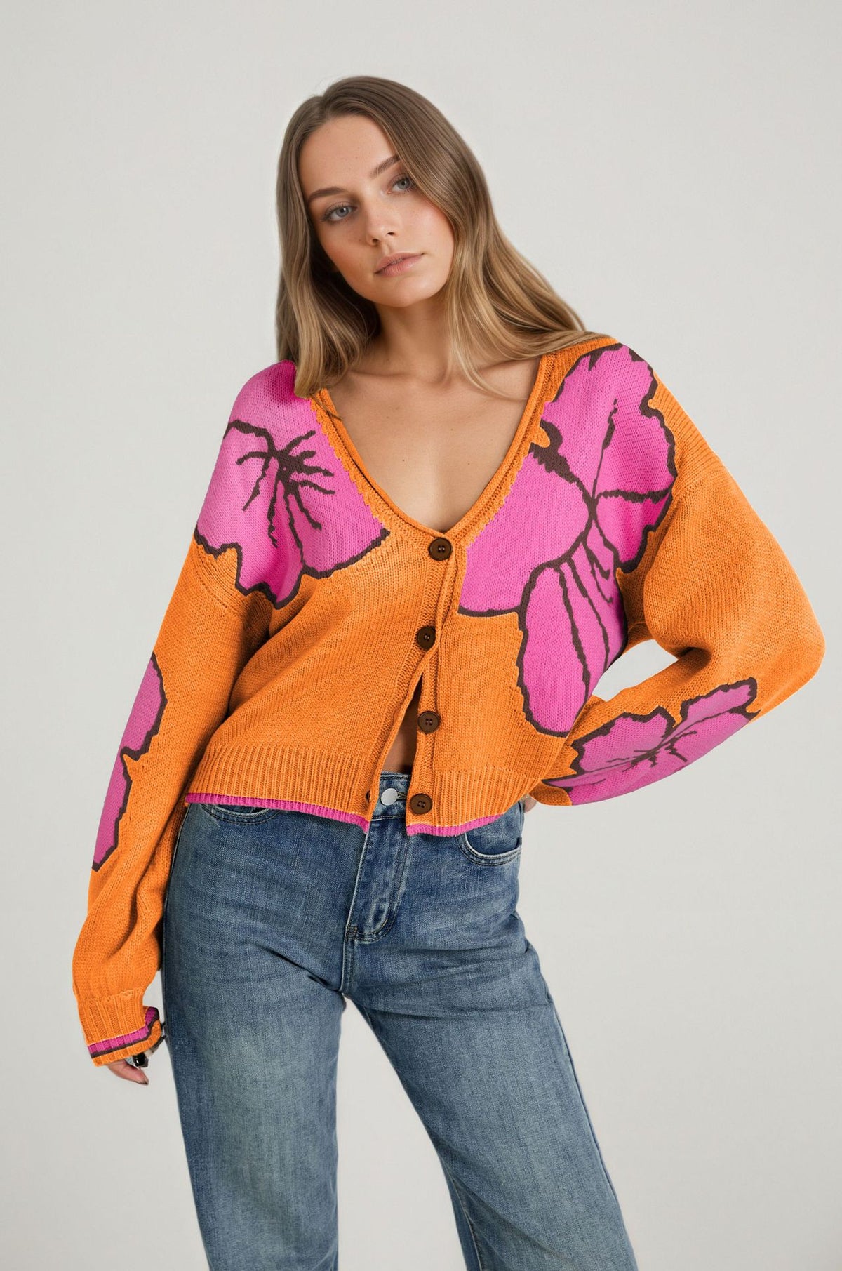 Women's Colorblock Floral Cardigan V-Neck Button Front