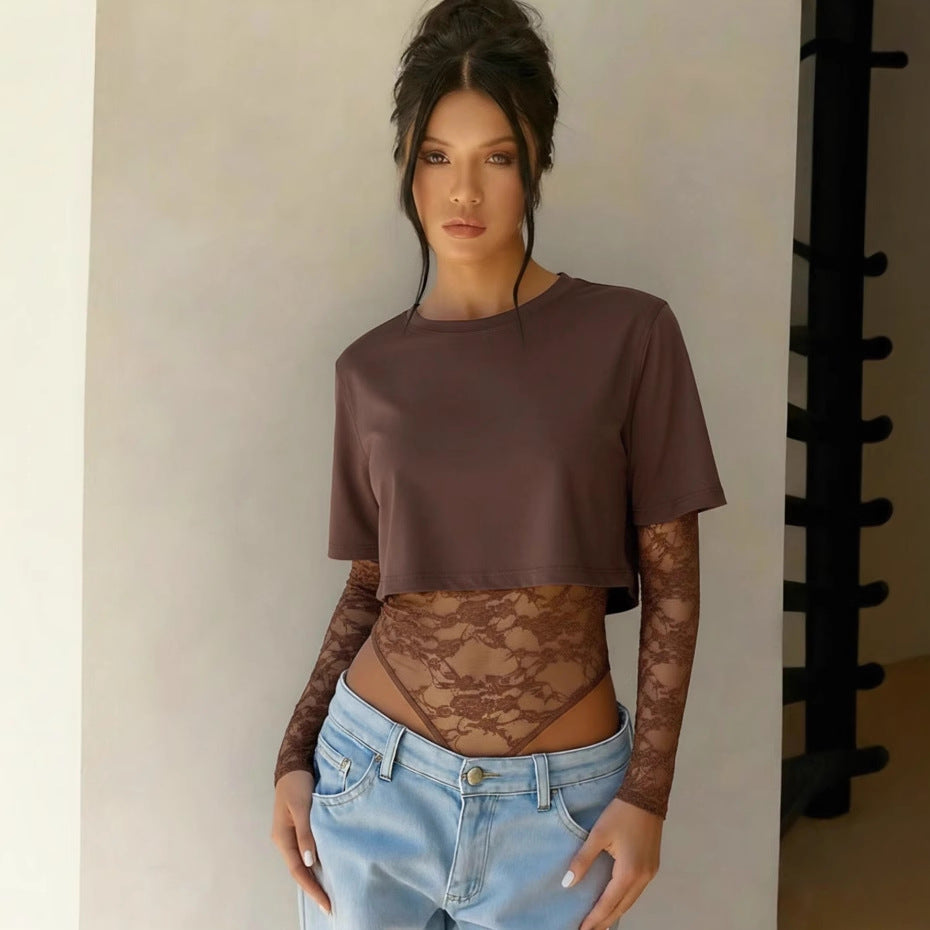 Lace Mesh Bodysuit Crop Top Trendy Layering Tee