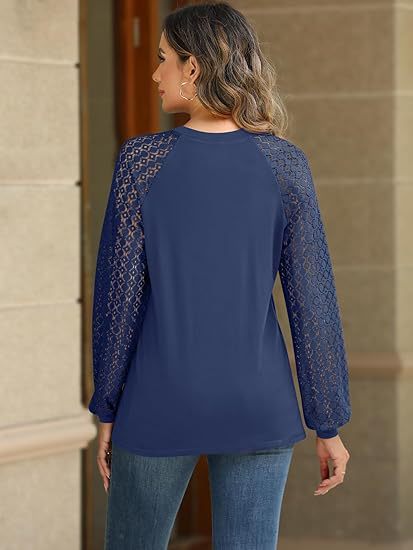 Lace Knit Blouse Casual Pleated Raglan Sleeve Top