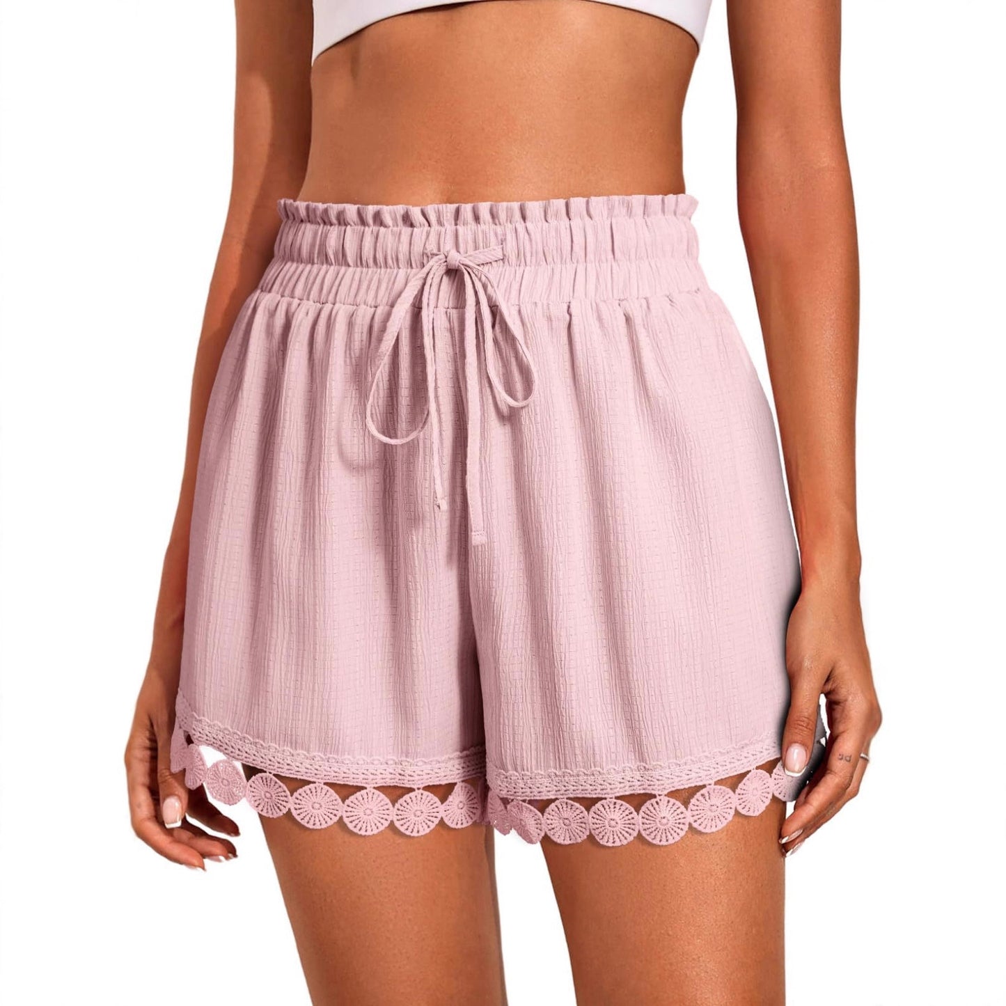Women’s Lace Trim Drawstring Beach Shorts Casual Loose Fit