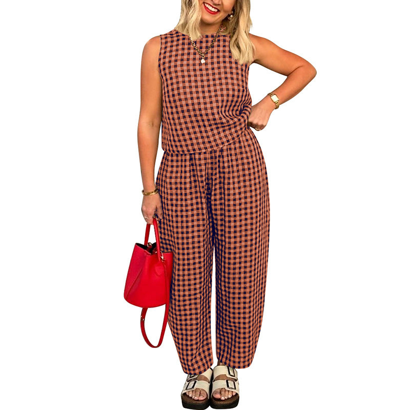 Women's Plaid Sleeveless Top & Pants Two Piece Set