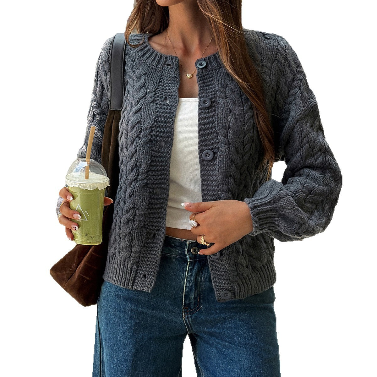Women's Chunky Cable Knit Cropped Button Front Cardigan