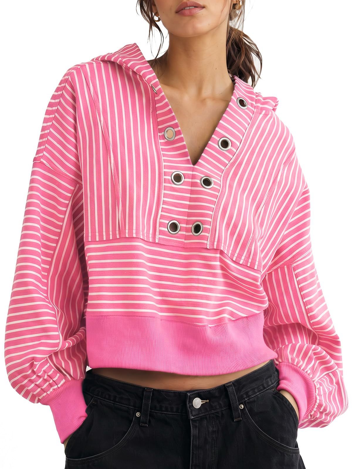 Women's Oversized Striped Cropped Hoodie V Neck Long Sleeve