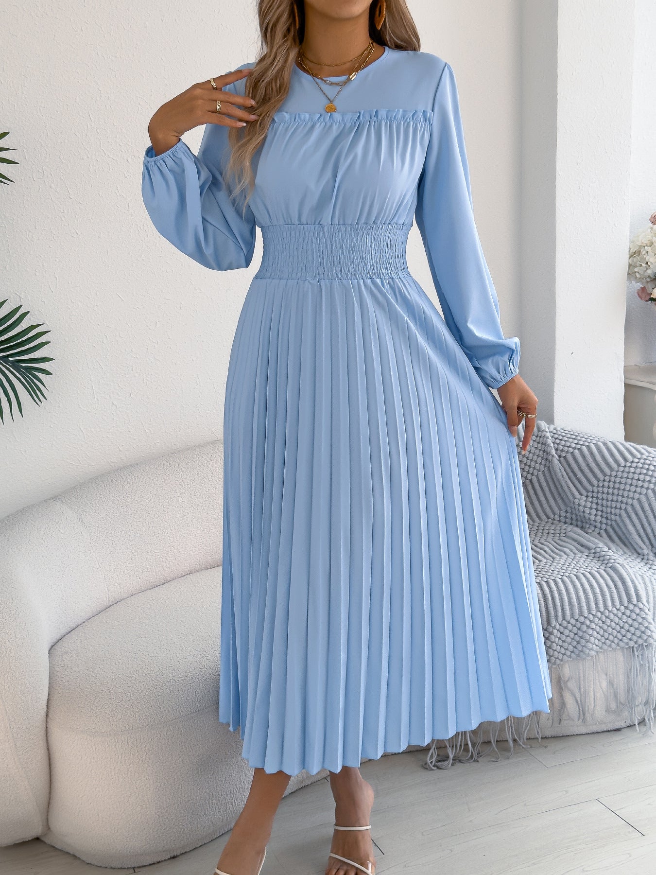 Light Blue Smocked Waist Long Sleeve Pleated Maxi Dress