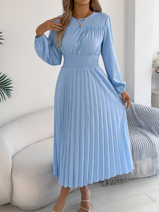 Light Blue Smocked Waist Long Sleeve Pleated Maxi Dress