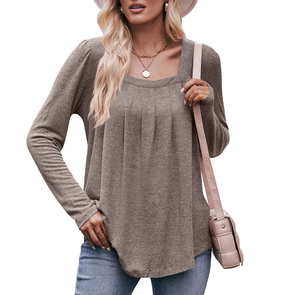 Square Neck Pleated Long Sleeve Casual Knit Top