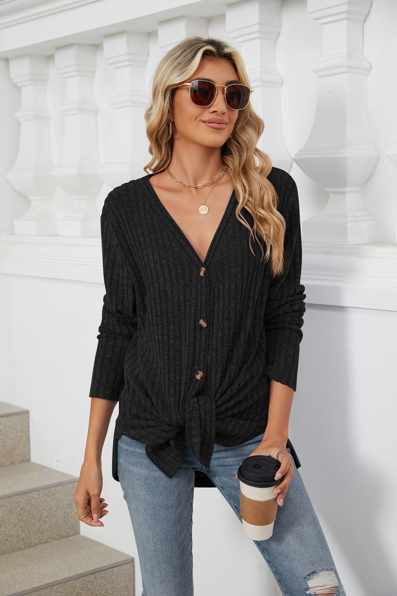 Solid Color Long Sleeve Button Cardigan Knitted