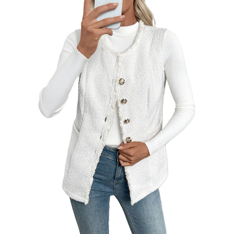 Elegant Tweed Vest Cardigan Women White Sleeveless Jacket