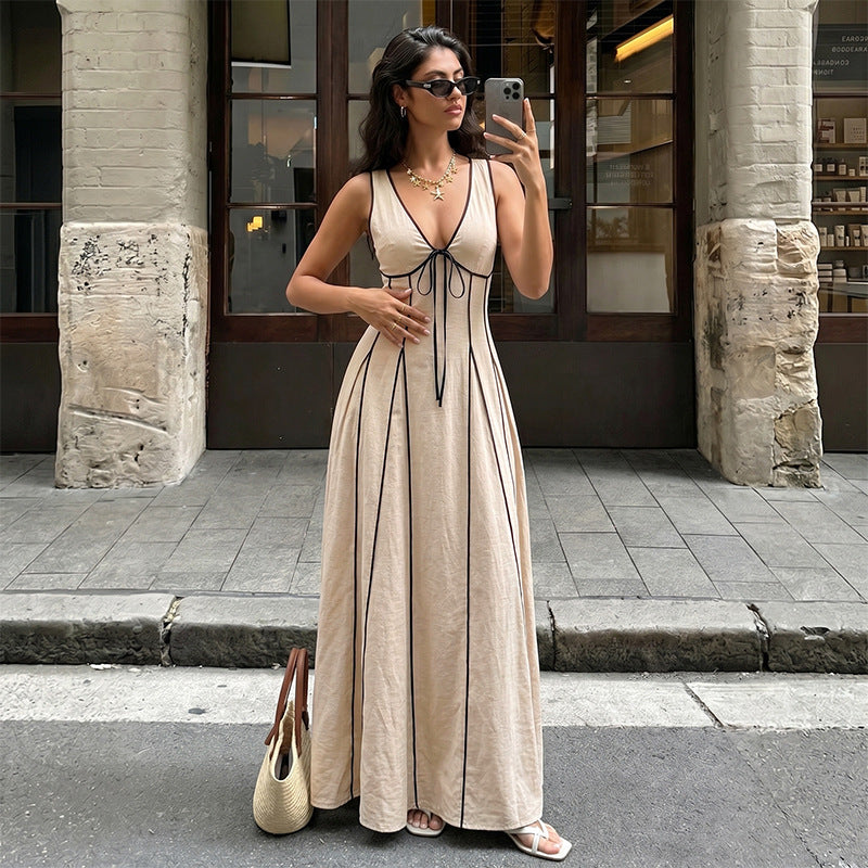 Contrast Maxi Dress Vintage V Neck Bow