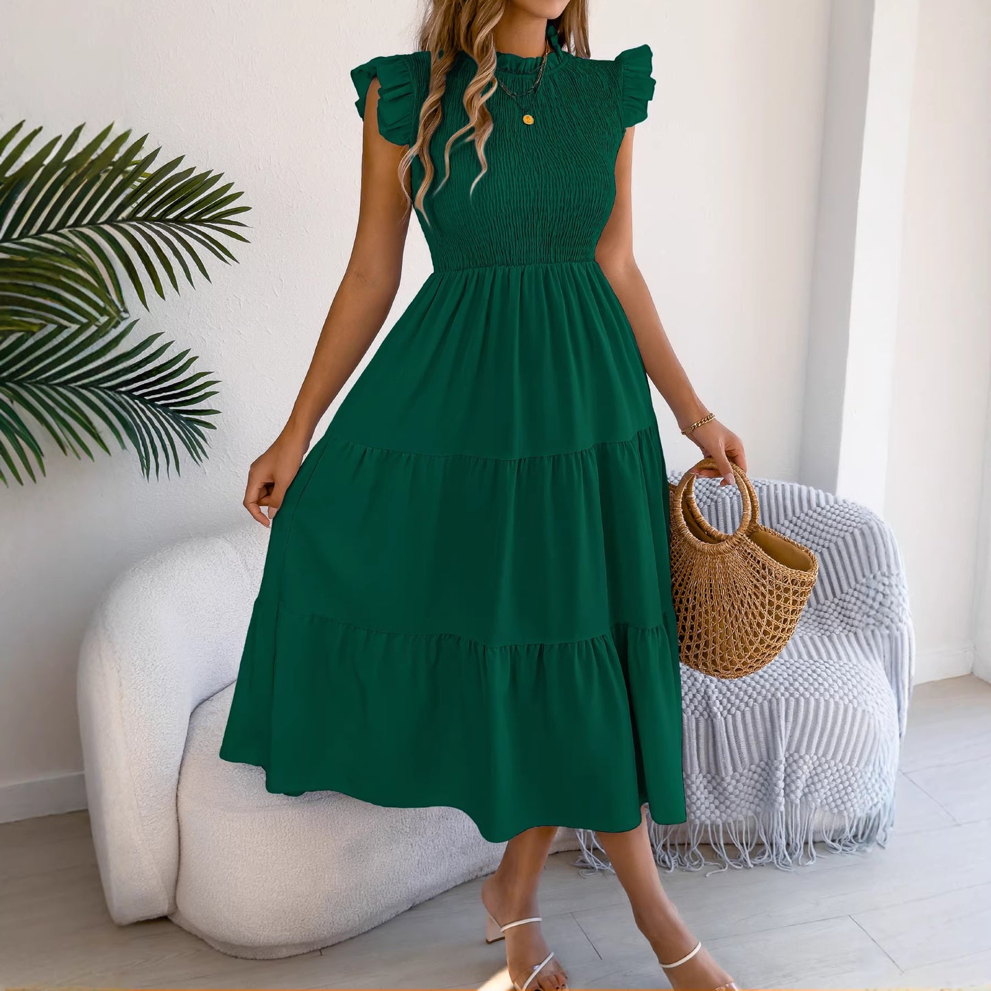 Solid Chiffon Dress Boho Smocked Ruffle Tiered