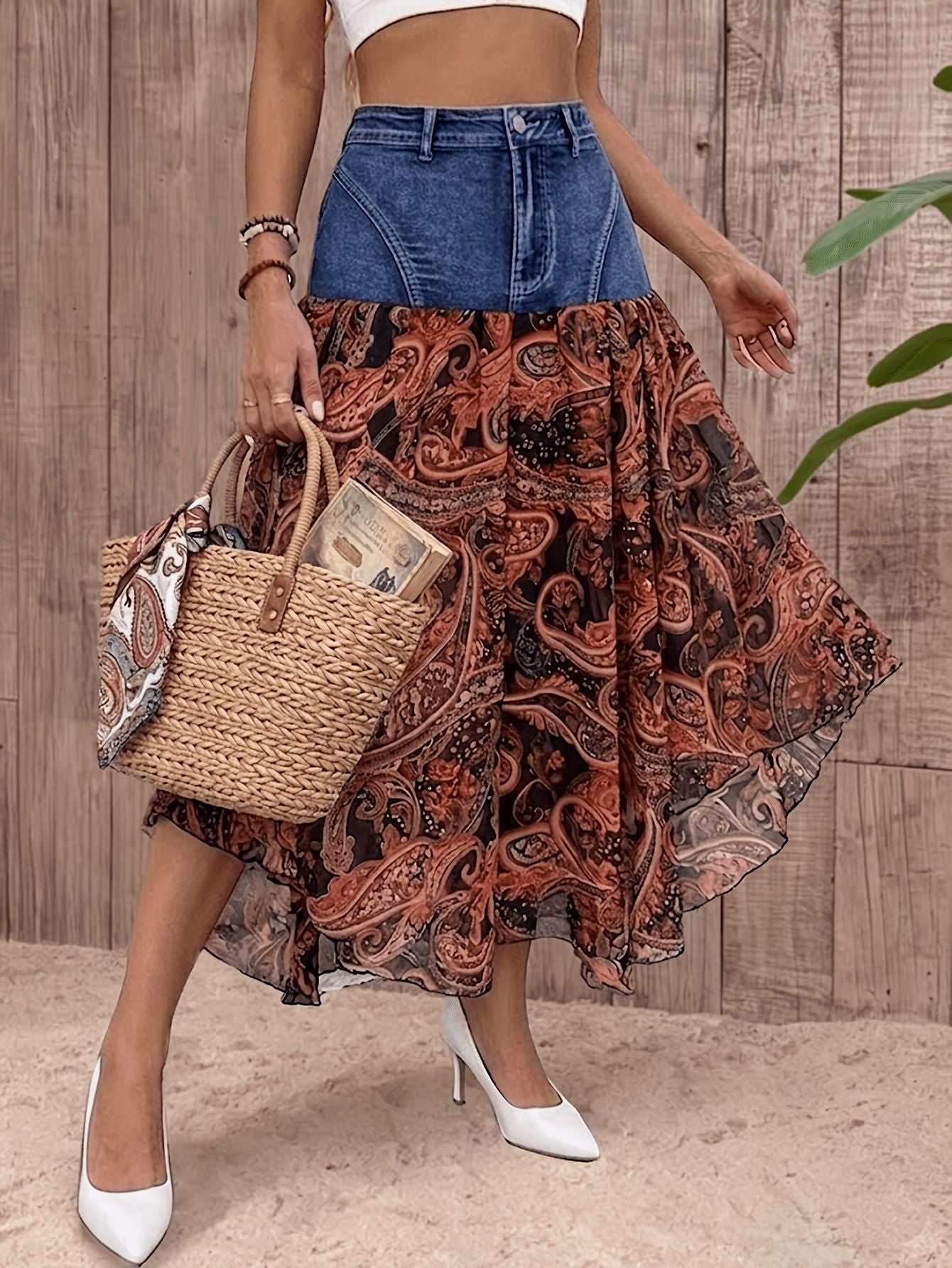 Paisley Chiffon Maxi Skirt Denim Yoke Asymmetrical Hem