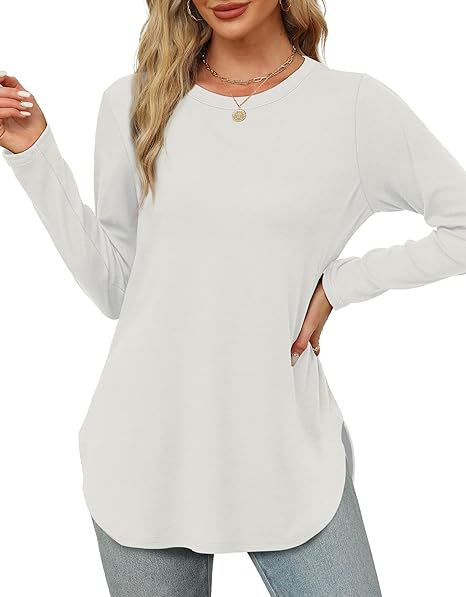 Women's Casual Long Sleeve Tunic Top Round Neck Side Slit