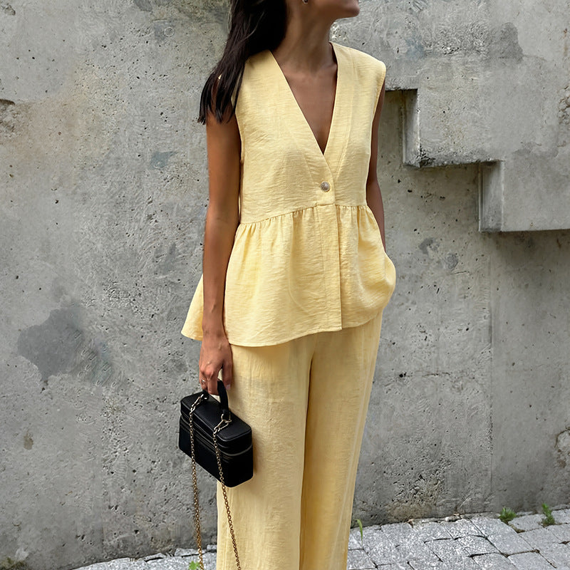 Women's Linen Look Peplum Vest Wide Leg Pants Two Piece Set