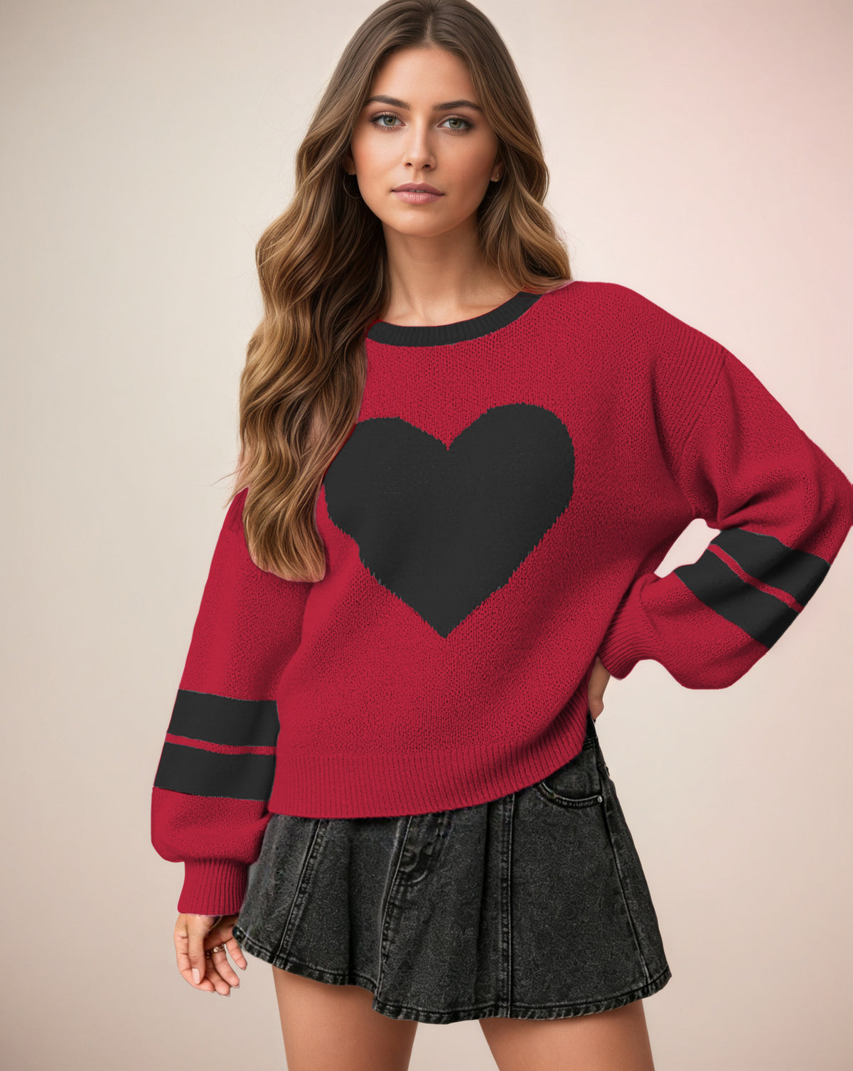 Oversized Heart Crewneck Sweater Women Striped Sleeve Knit
