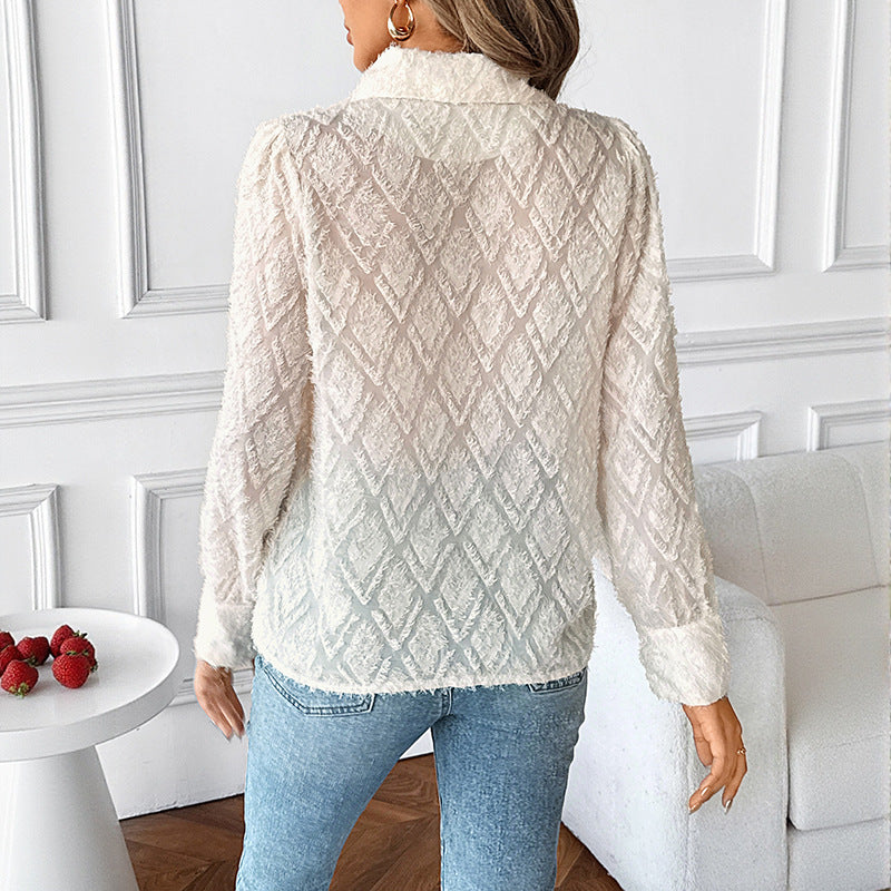 Jacquard Polyester Blouse Elegant Button Front Shirt