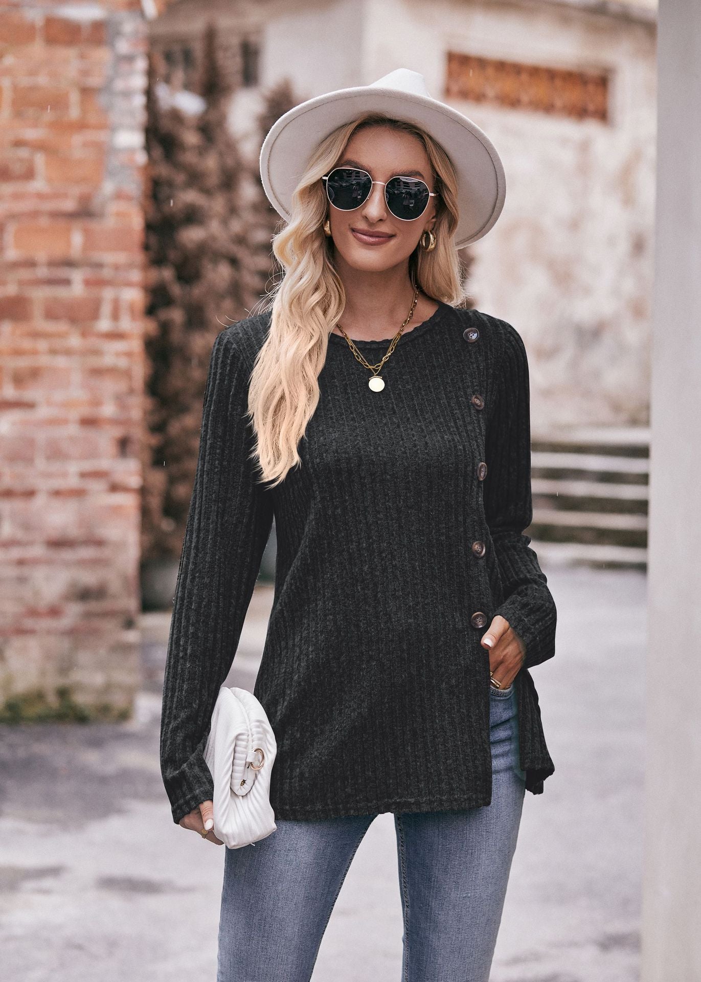 Women's Solid Color Crew Neck Slit Button