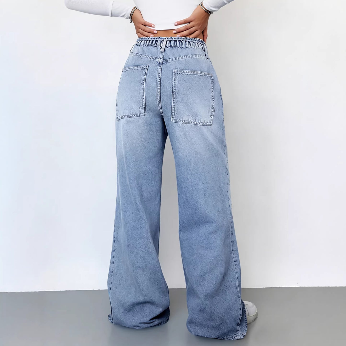 Washed Denim Jeans Vintage High Waist Wide Leg Cargo