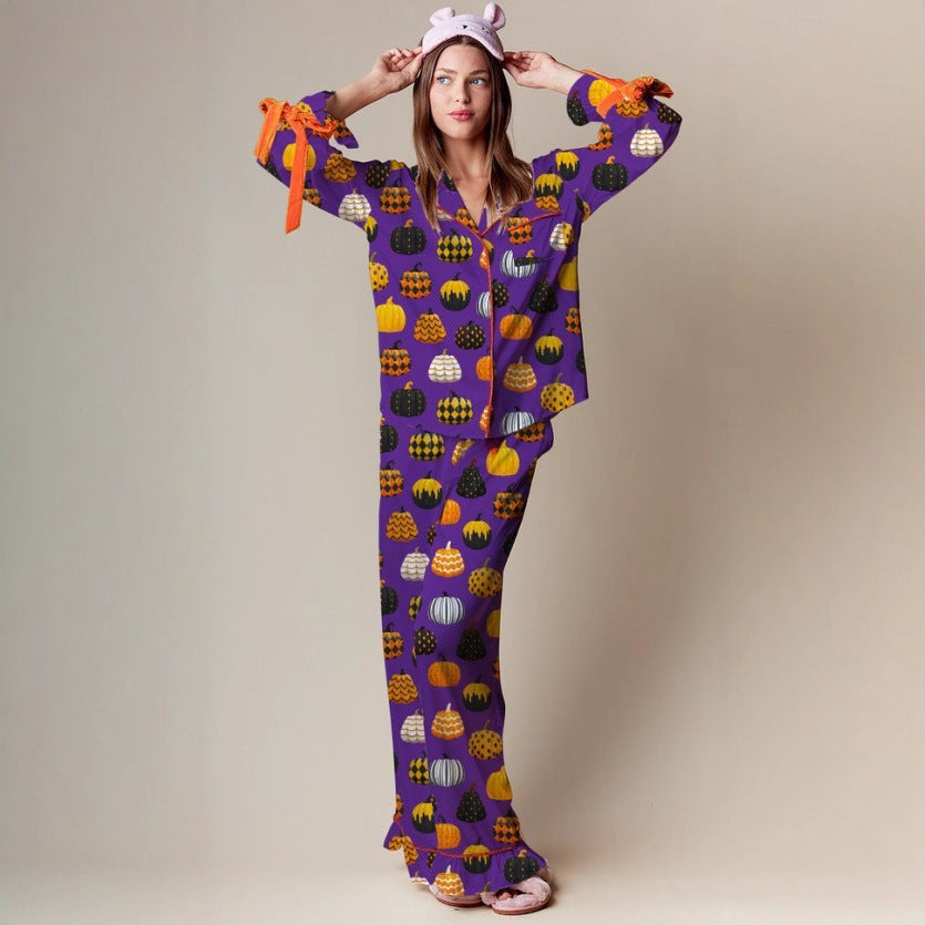 Halloween Pumpkin Print Pajama Set Long Sleeve Lounge Set