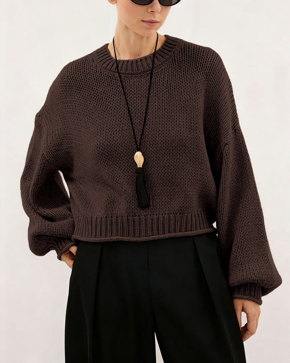 Women's Oversized Chunky Crew Neck Balloon Sleeve Sweater