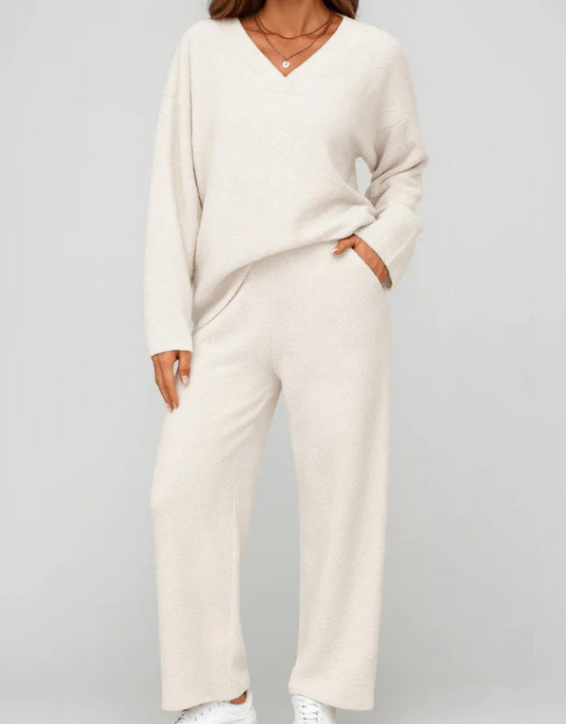 Women's V-Neck Knit 2 Piece Lounge Set Wide Leg Pants