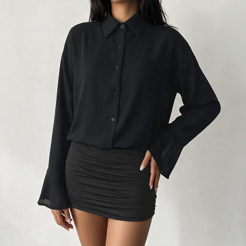 Women's Black Bell Sleeve Shirt Bodycon Mini Dress