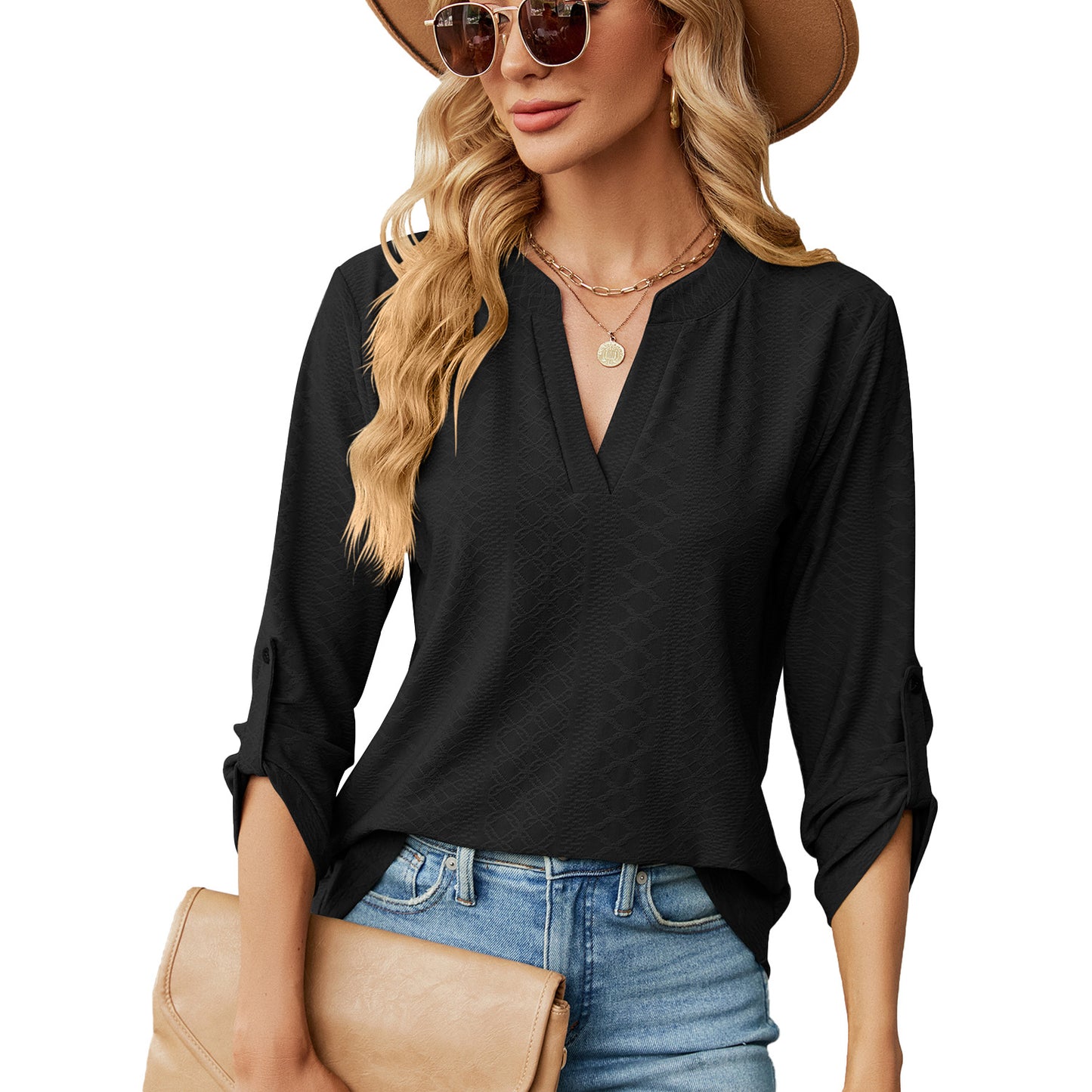 Women's V Neck 3/4 Sleeve Button Loose Fit Blouse Top