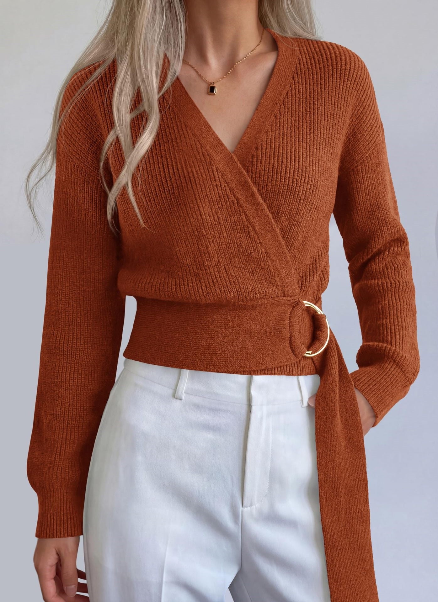 Metal Buckle V Neck Knit Sweater Long Sleeve Top
