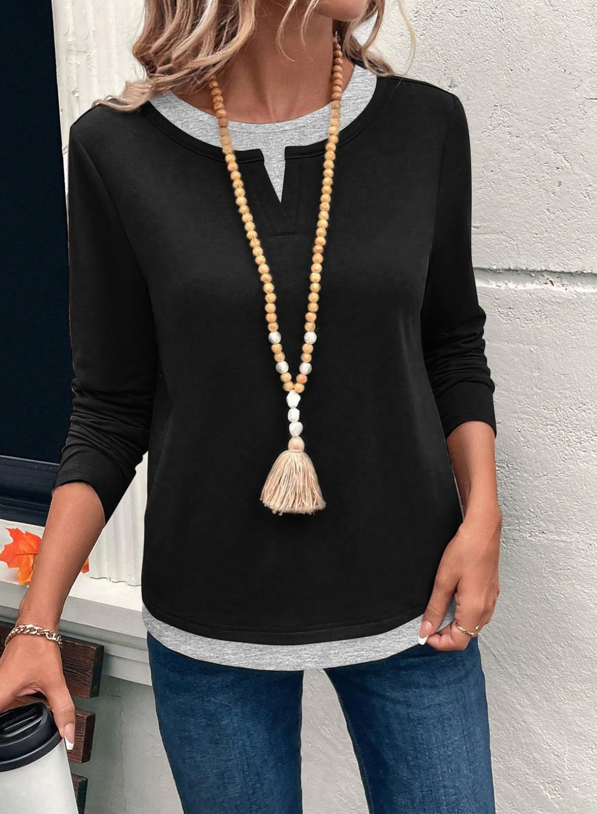 Color Block Long Sleeve Top Layered Look Casual Tee